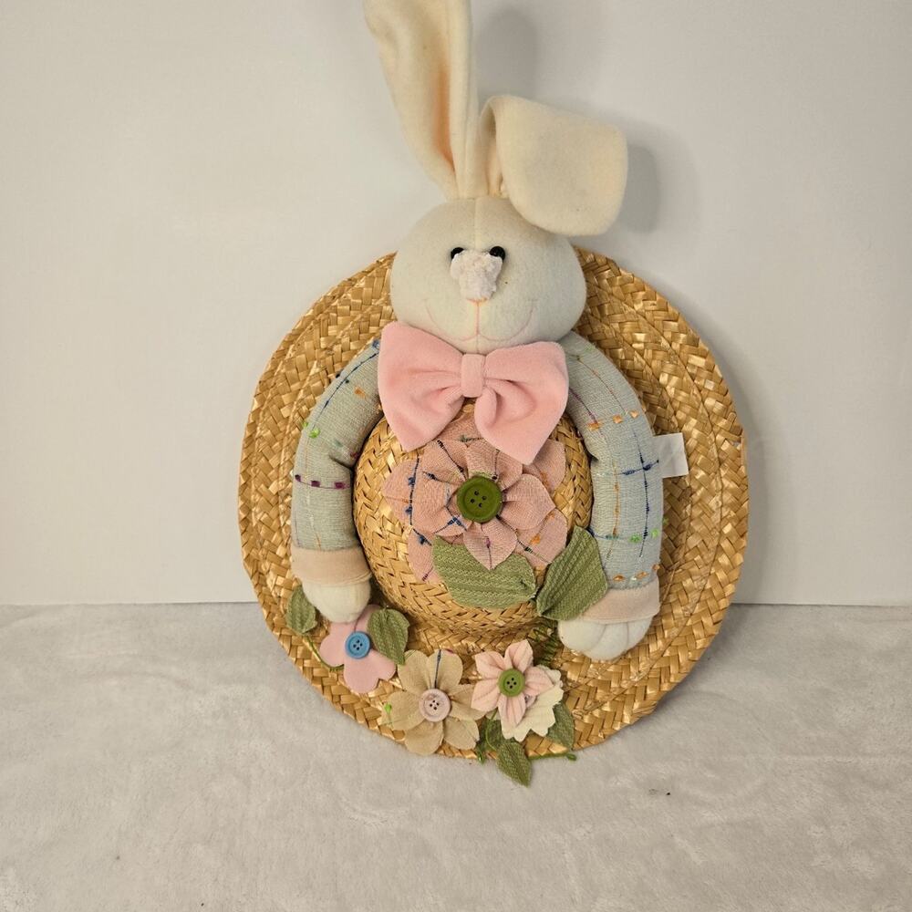 Vintage Easter Bunny Decoration Rabbit in Straw Hat Wall Hanging